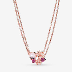 Pink Peach Blossom Flower Double Chain Necklace