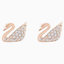 Load image into Gallery viewer, SWAN PIERCED EARRINGS, WHITE, ROSE-GOLD TONE PLATED
