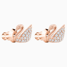 Load image into Gallery viewer, SWAN PIERCED EARRINGS, WHITE, ROSE-GOLD TONE PLATED