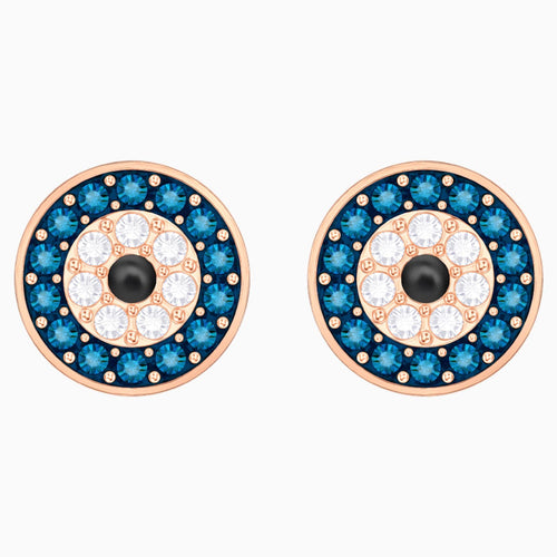 LUCKILY EVIL EYE PIERCED EARRINGS, MULTI-COLORED, ROSE-GOLD TONE PLATED