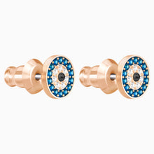Load image into Gallery viewer, LUCKILY EVIL EYE PIERCED EARRINGS, MULTI-COLORED, ROSE-GOLD TONE PLATED