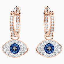 Load image into Gallery viewer, SWAROVSKI SYMBOLIC EVIL EYE HOOP PIERCED EARRINGS, MULTI-COLORED, ROSE-GOLD TONE PLATED