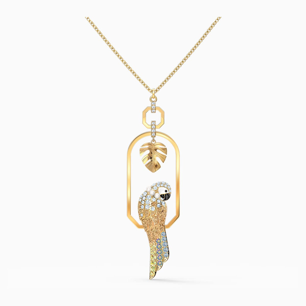 TROPICAL PARROT NECKLACE, LIGHT MULTI-COLORED, GOLD-TONE PLATED