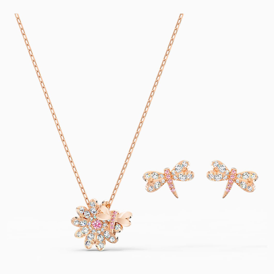 ETERNAL FLOWER DRAGONFLY SET, PINK, ROSE-GOLD TONE PLATED