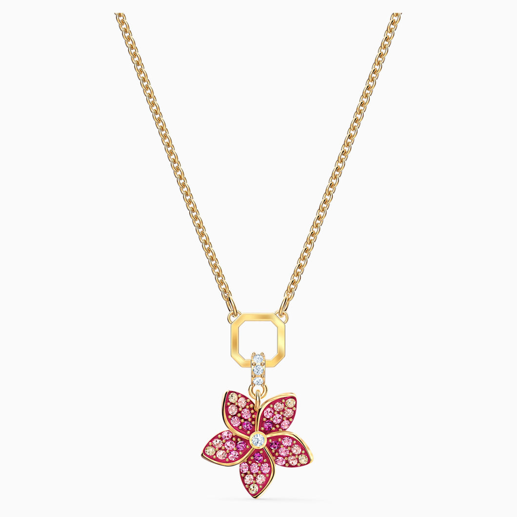 TROPICAL FLOWER PENDANT, PINK, GOLD-TONE PLATED
