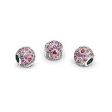 Load image into Gallery viewer, Pandora Asymmetric Hearts of Love Charm, Red &amp; Pink CZ, Royal Purple Crystals