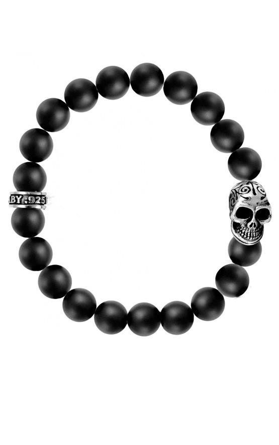 10mm Onyx Bead Bracelet w/Day of the Dead Skull