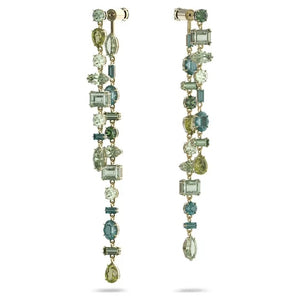 Gema drop earrings Asymmetrical, Long, Green, Gold-tone plated