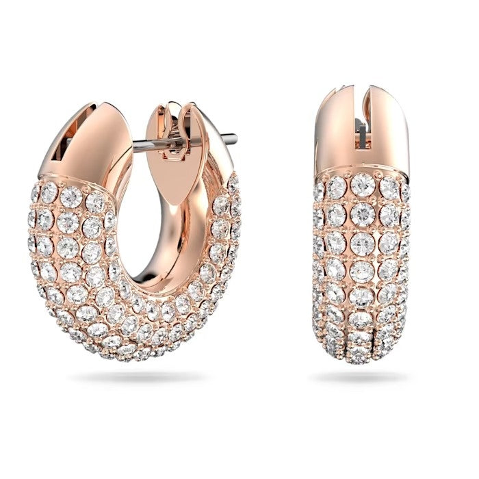 Dextera hoop earrings Pavé, Small, White, Rose gold-tone plated