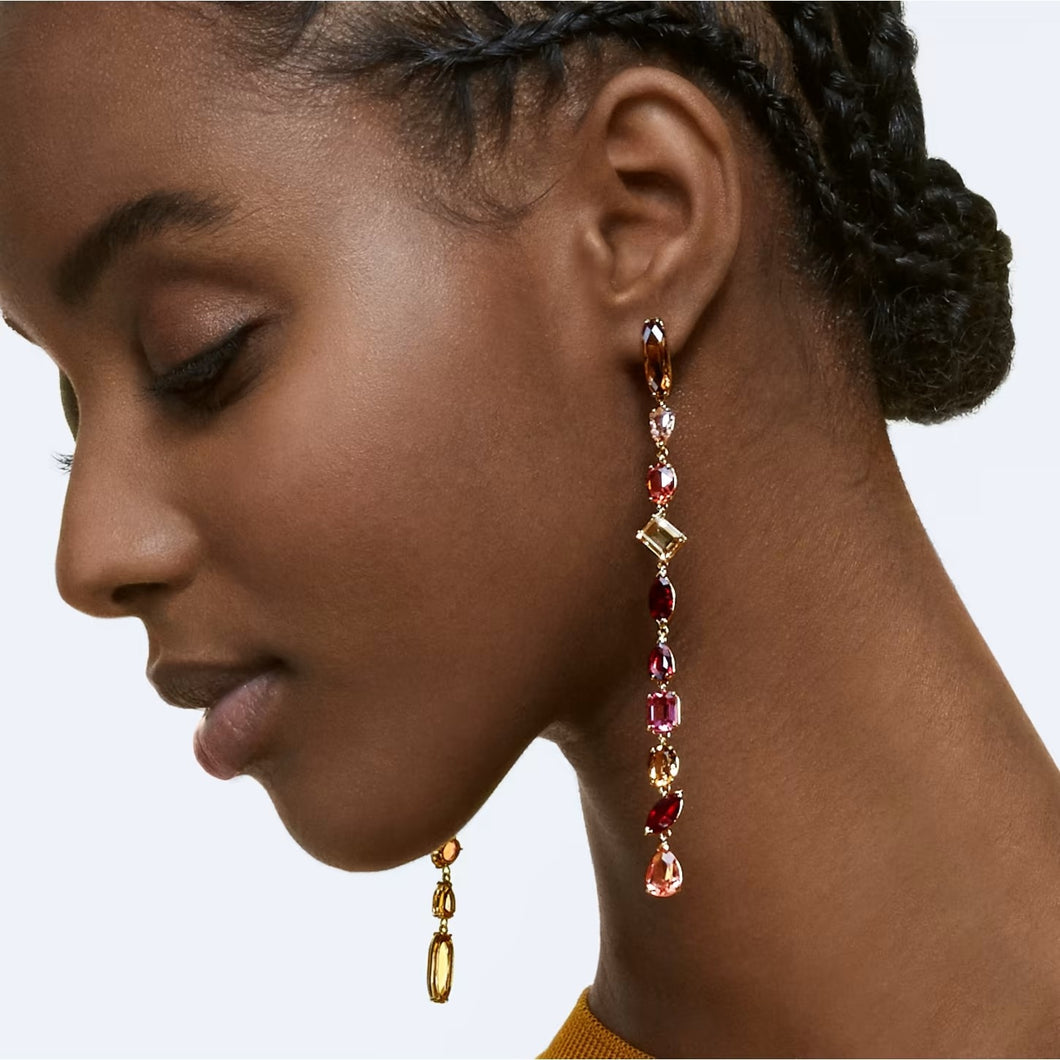 Gema drop earrings Asymmetrical, Extra long, Multicolored, Gold-tone plated