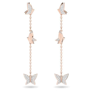Lilia drop earrings Butterfly, Long, White, Rose gold-tone plated