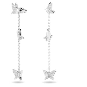 Lilia drop earrings Butterfly, Long, White, Rhodium plated