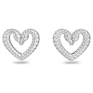 Una stud earrings Heart, Small, White, Rhodium plated