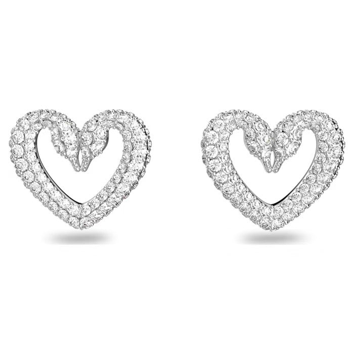 Una stud earrings Heart, Small, White, Rhodium plated
