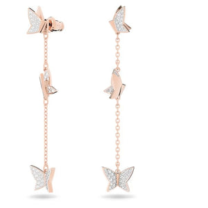 Lilia drop earrings Butterfly, Long, White, Rose gold-tone plated