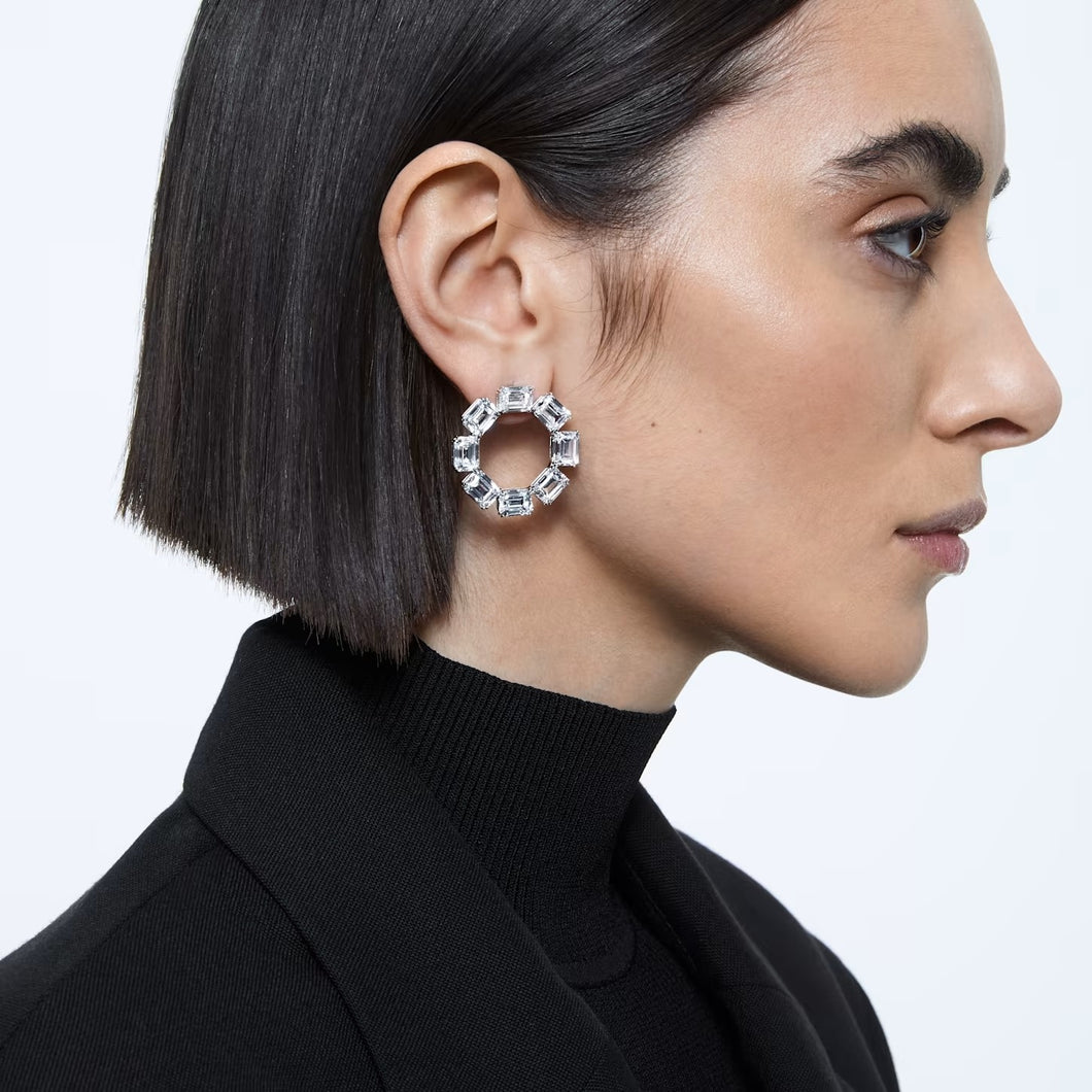 Millenia hoop earrings Circle, Octagon cut, White, Rhodium plated