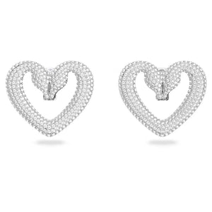Una clip earrings Heart, Large, White, Rhodium plated
